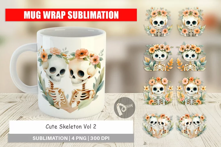Mug Wrap Design Cute Skeleton Watercolor Floral