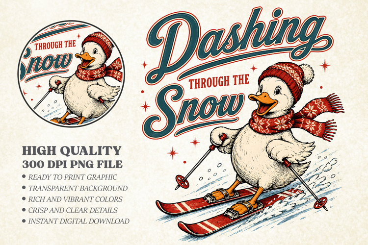 Cute Skiing Duck Christmas PNG, Vintage Holiday Animal Desig