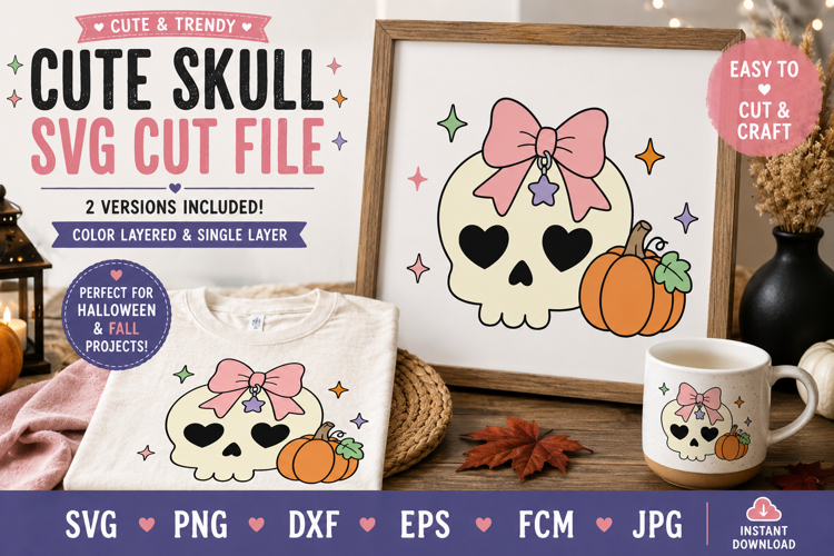 Cute Skull SVG with Bow & Pumpkin, Halloween svg