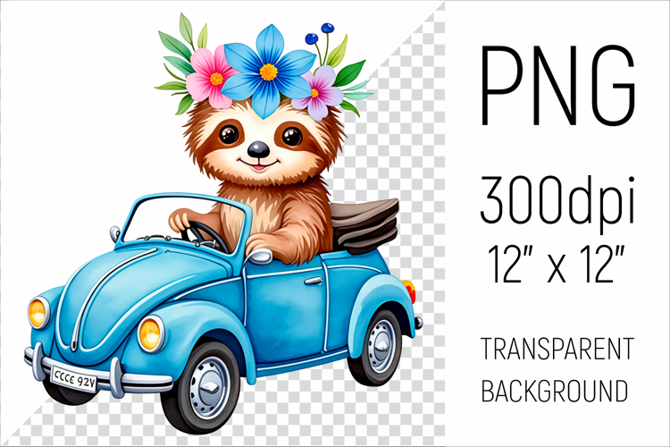 Cute Sloth Driving Blue Car | Sublimation Design