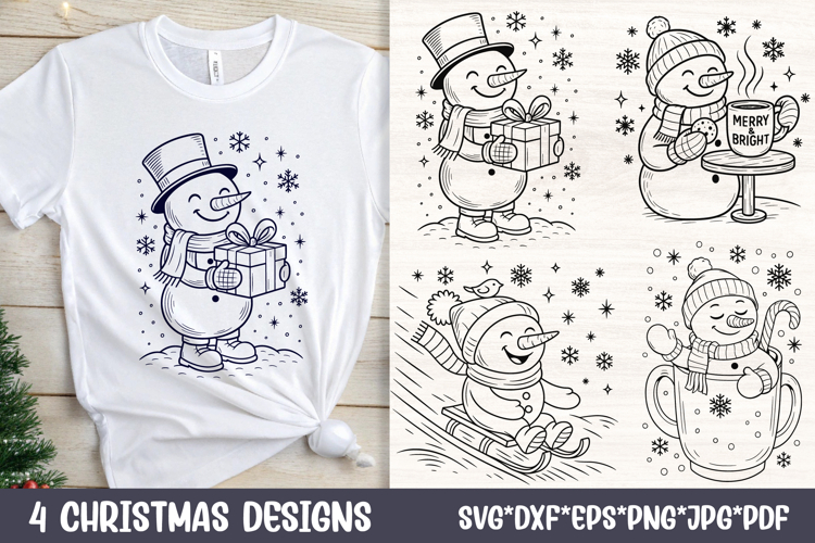 Cute Snowman SVG Cut Files| 4 Christmas Winter Line Art