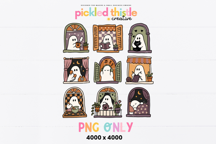 Cozy Halloween Ghost PNG, Cute Spooky Window Collage