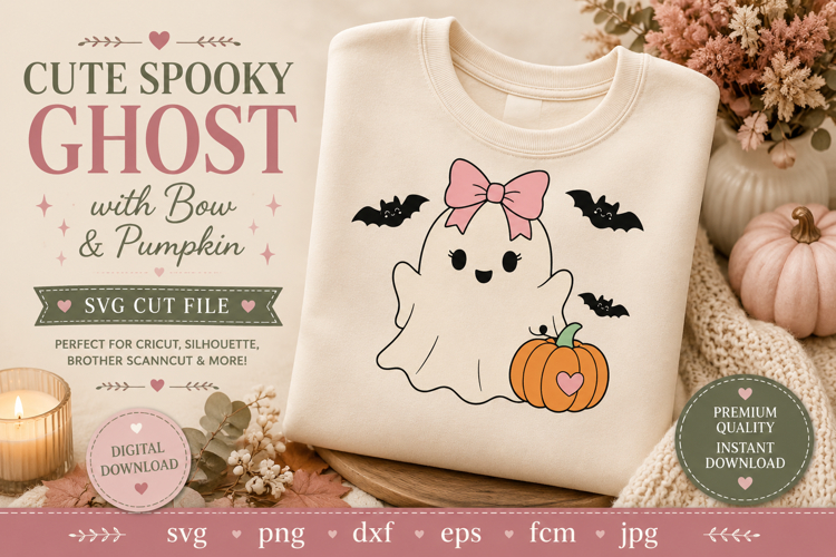 Spooky Ghost SVG with Bow & Pumpkin | Halloween SVG
