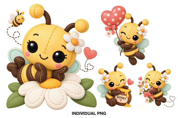 Four cute stitched bee illustrations with flowers, hearts and honey