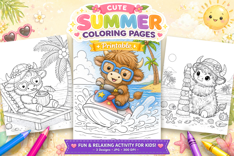 Cute highland cow summer coloring pages for kids