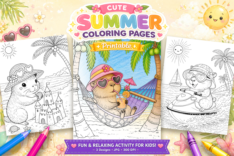Capybara summer coloring pages for kids