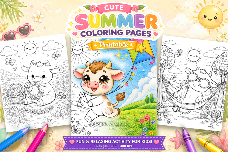 Cute cow summer coloring pages for kids