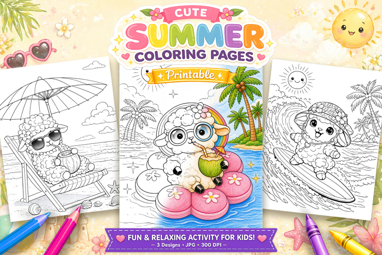 Cute sheep summer coloring pages for kids