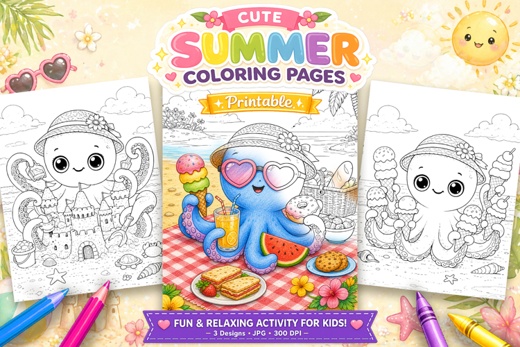 Octopus summer coloring pages for kids
