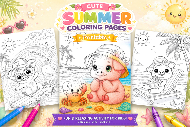 Cute pig summer coloring pages for kids