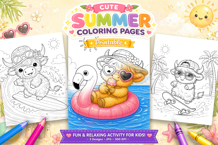 Cute highland cow summer coloring pages for kids