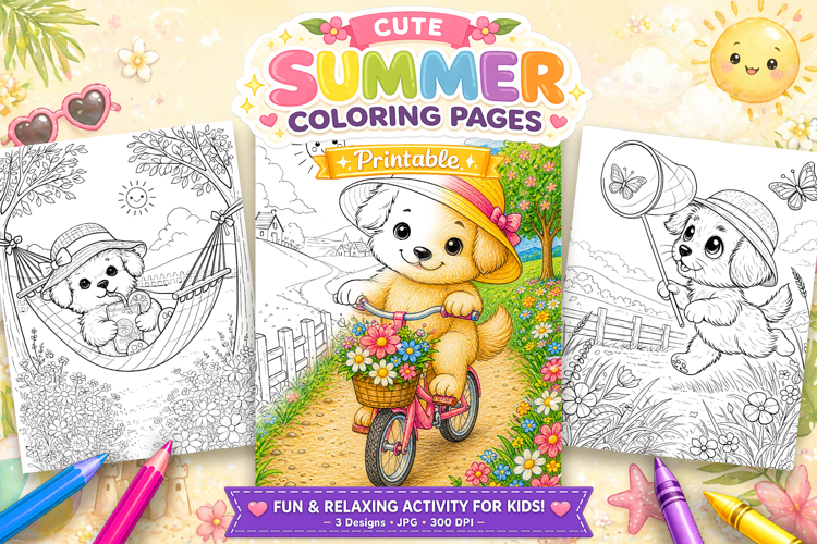 Cute dog summer coloring pages for kids