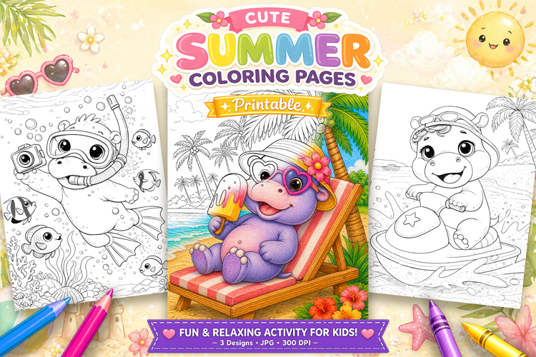 Cute hippo summer coloring pages for kids