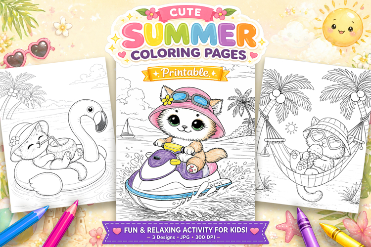 Cute cat summer coloring pages for kids