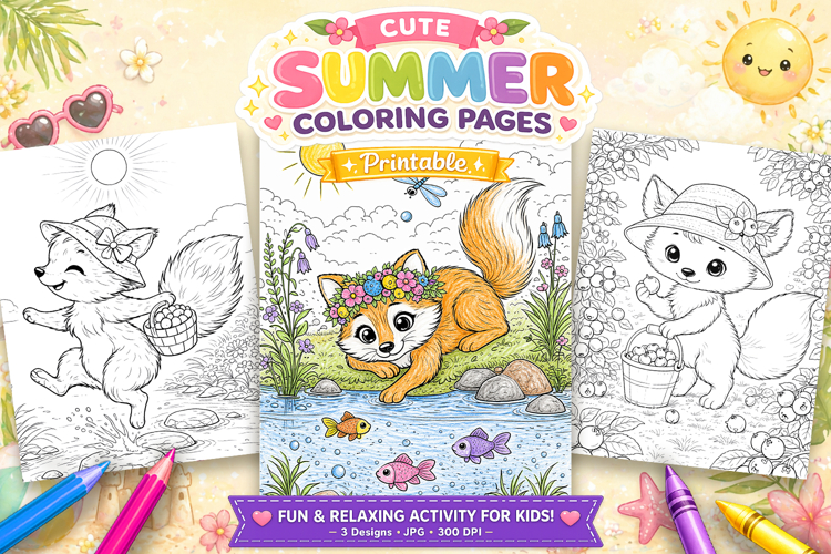 Cute fox summer coloring pages for kids