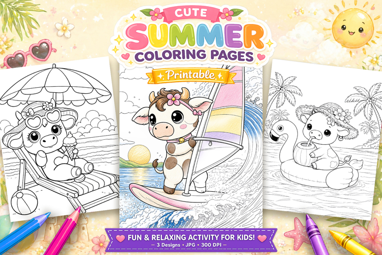 Cute cow summer coloring pages for kids