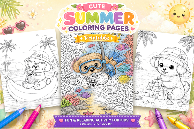 Cute dog summer coloring pages for kids