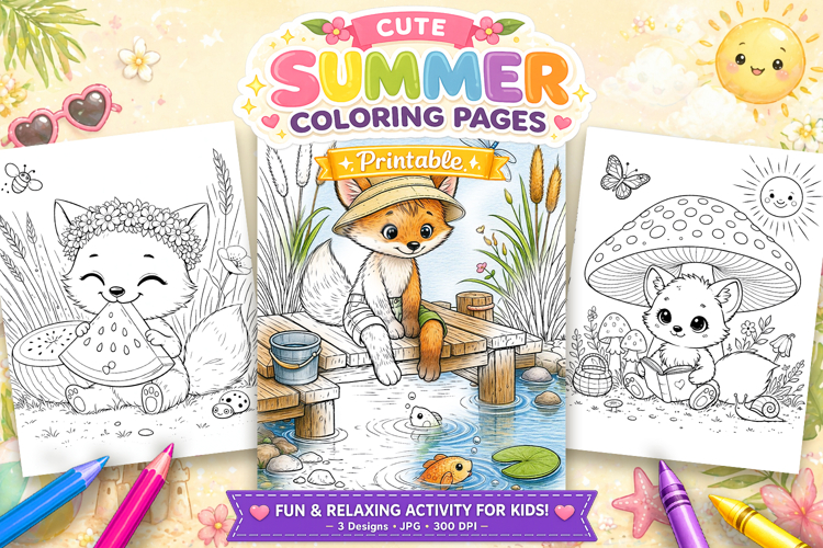 Fox illustration, Summer coloring pages for kids