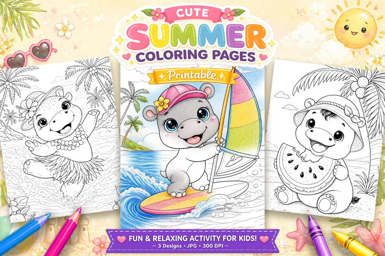 Cute hippo summer coloring pages for kids