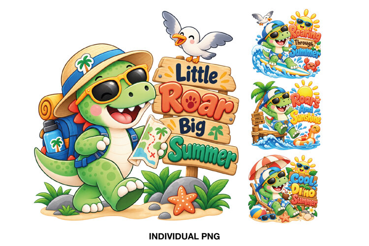 Four colorful summer dinosaur designs with beach scenes and playful phrases
