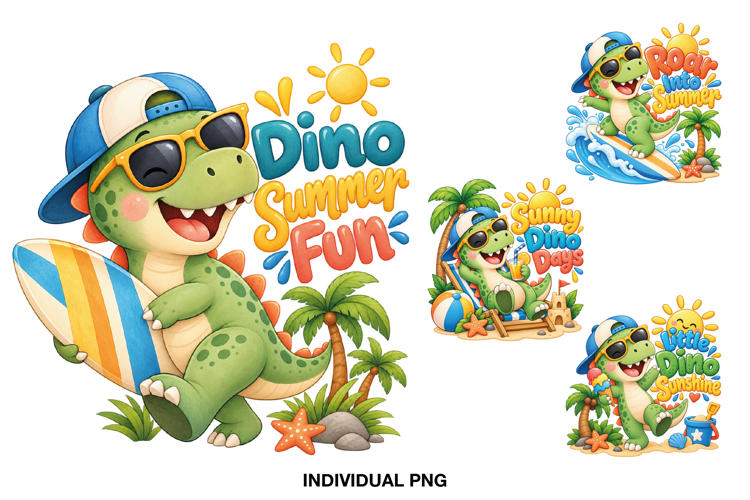 Cute Summer Dinosaur PNG Clipart for Kids T-Shirts