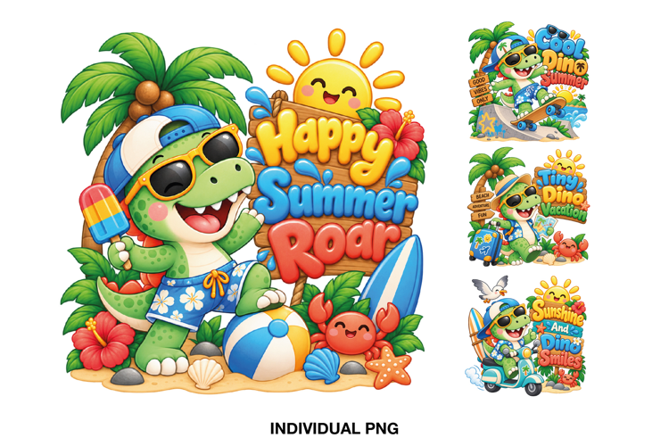 Cute Summer Dinosaur PNG, Beach Dino Clipart, Kids Vacation