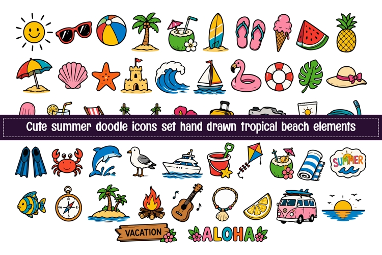 Cute Summer Doodle Icons Set | Hand Drawn Tropical Beach