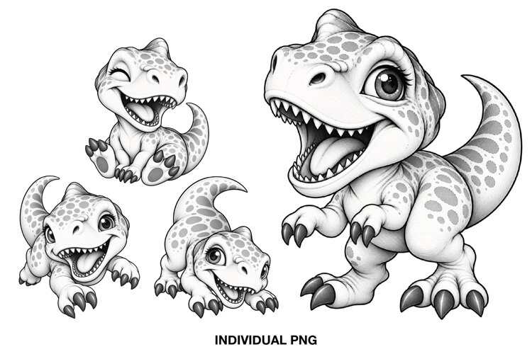 Four cute black and white T-Rex dinosaur illustrations in playful poses
