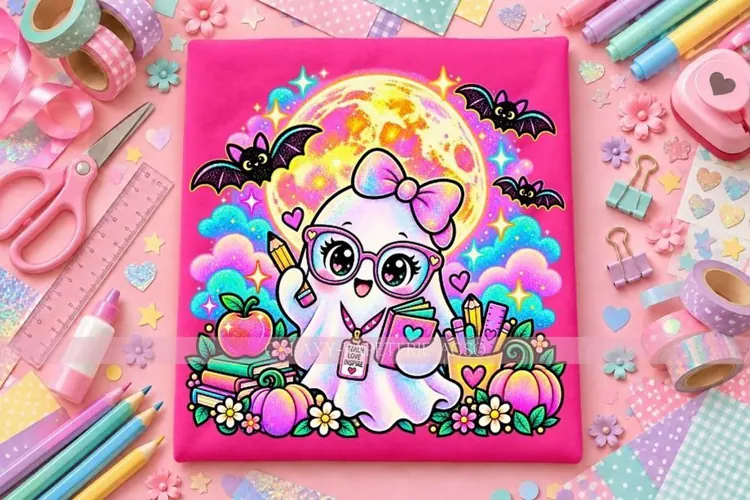 Cute Teacher Ghost PNG with Glasses, Books and Pencil