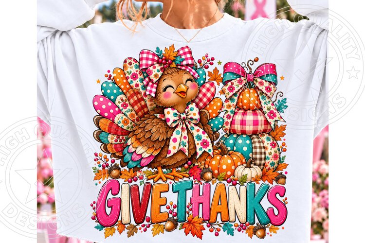 Give Thanks Turkey PNG, Cute Colorful Thanksgiving Bow Pumpk example image 1