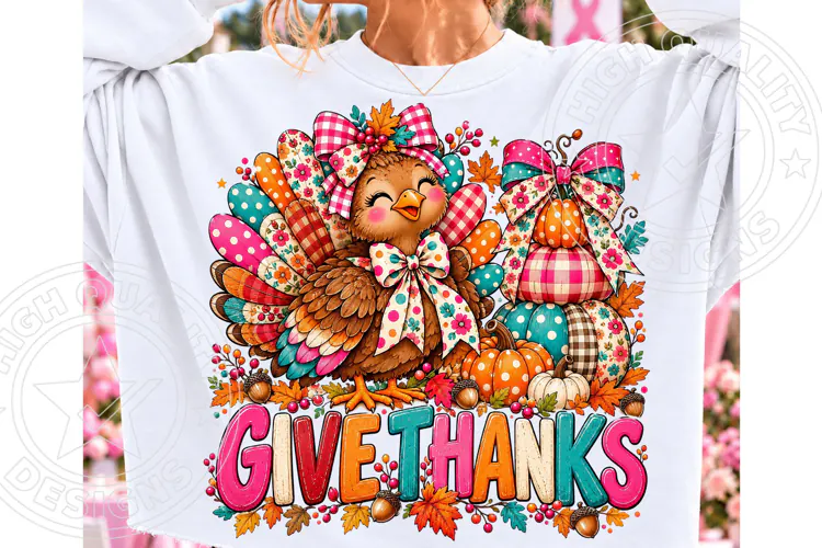 Give Thanks Turkey PNG, Cute Colorful Thanksgiving Bow Pumpk