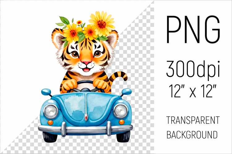 Cute Tiger Driving Blue Car | Sublimation Design