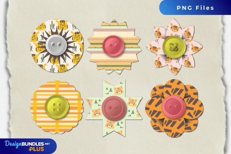 Cute Tiger with Vintage Seamless Pattern Buttons
