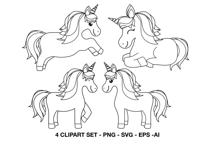 Four cute unicorn line art clipart illustrations in different poses