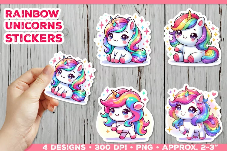 Rainbow Unicorns Cute Digital Stickers. Unicorn Stickers PNG