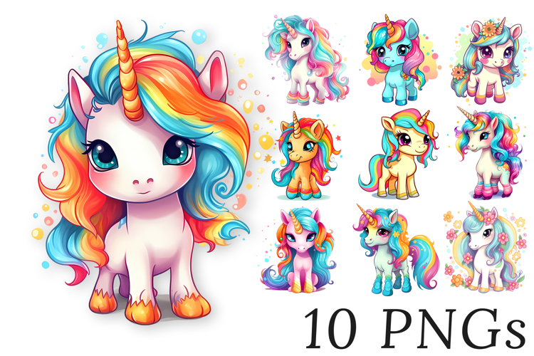 Cute Rainbow Unicorn Clipart Bundle, 10 Unicorns for Kids