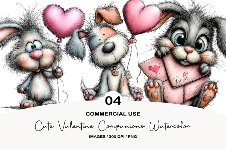 Cute Valentine Companions Watercolor Clipart