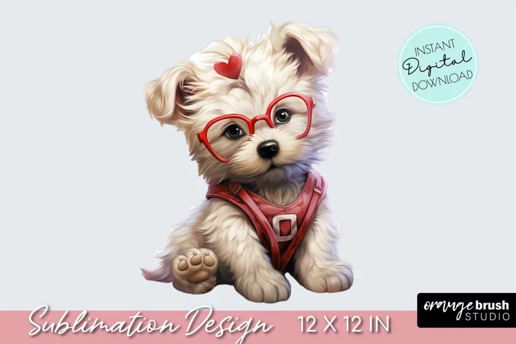 Cute Valentine Dog PNG Sublimation, Watercolor Puppy Clipart