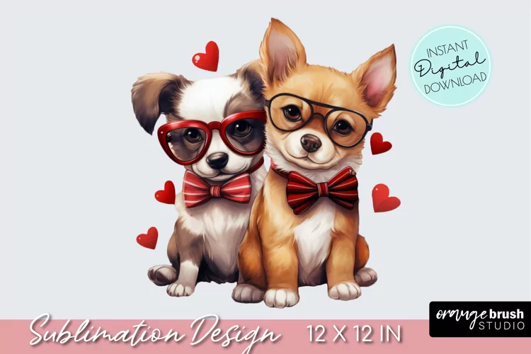 Cute Valentine Dogs Sublimation, Watercolor Clipart