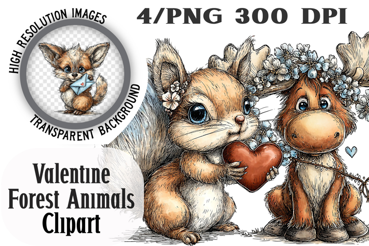 Cute Valentine Forest Animals Clipart PNG