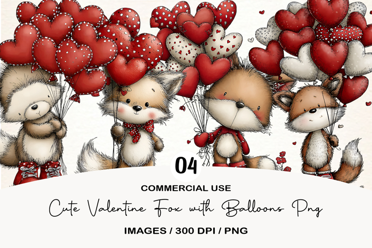 Cute Valentine Fox with Balloons PNG