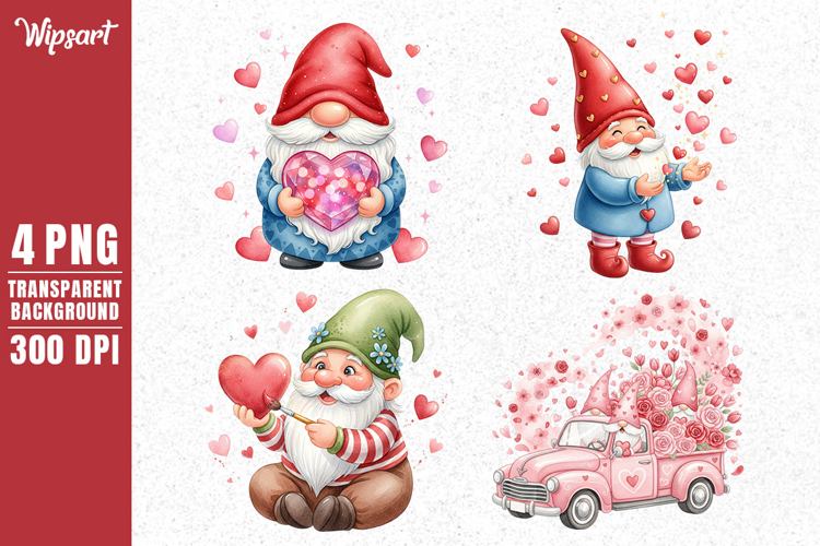 Cute Valentine Gnomes with Hearts and Pink Truck PNG