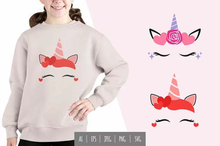 Unicorn Face with Closed Eyes Set, Pink Rose & Red Hearts