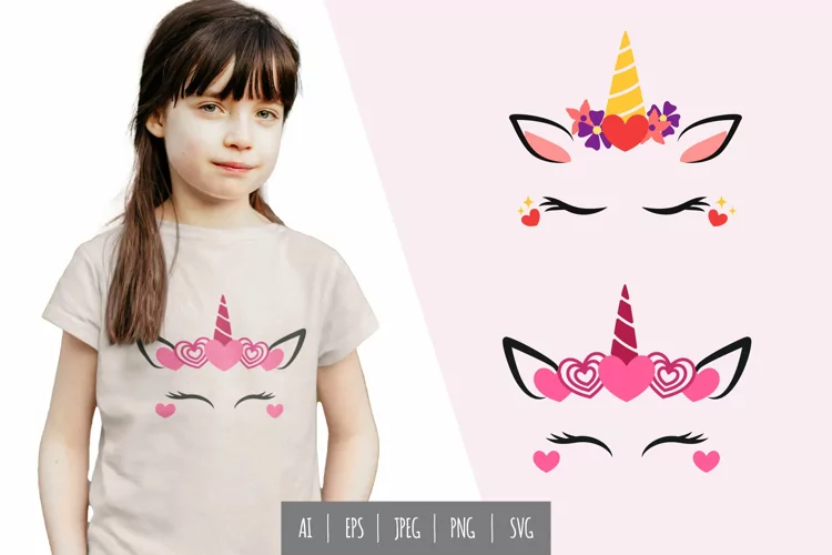 Cute Unicorn Face Set, Colorful Flower & Pink Hearts