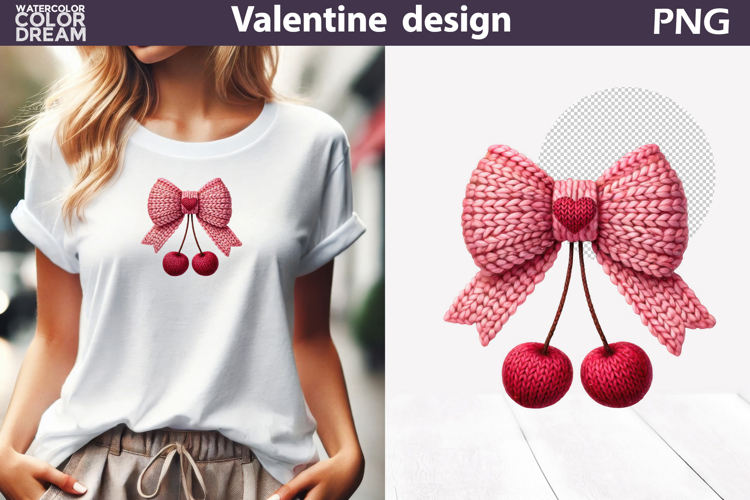 Valentine Pink Bow Clipart | Bow Cherry Knitted Sublimation