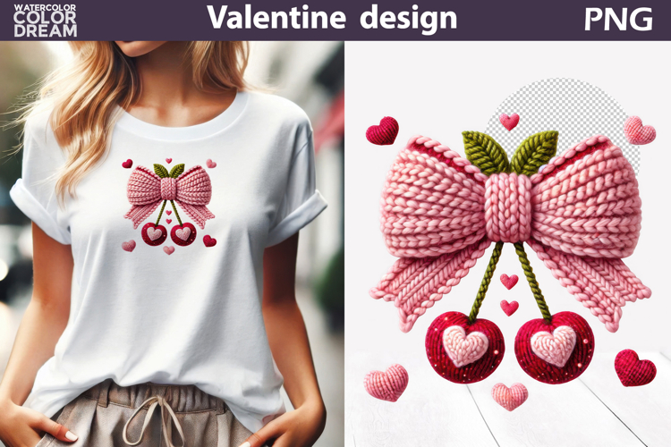 Valentine Pink Bow Clipart | Bow Cherry Knitted Sublimation