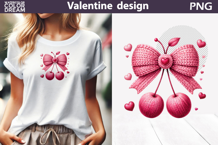 Valentine Pink Bow Clipart | Bow Cherry Knitted Sublimation