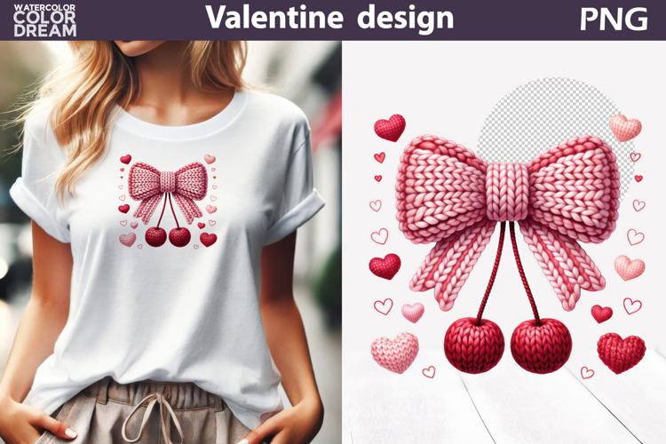 Valentine Pink Bow Clipart | Bow Cherry Knitted Sublimation
