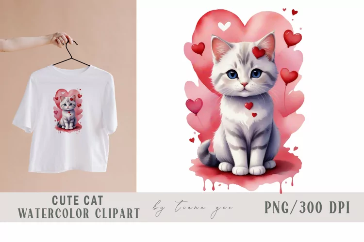 Watercolor cute Valentines day cat clipart- 1 png