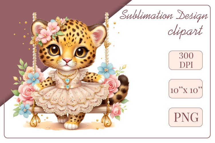 Cute baby leopard clipart on flower-decorated swings in soft pastel hues. Perfect for children's books, educational materials, websites, and nursery decor. Watercolor and digital painting blend. Ideal for adding a magical touch to kids' content
